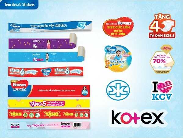 Tem nhãn của các loại sản phẩm thuộc thương hiệu kotex, huggies